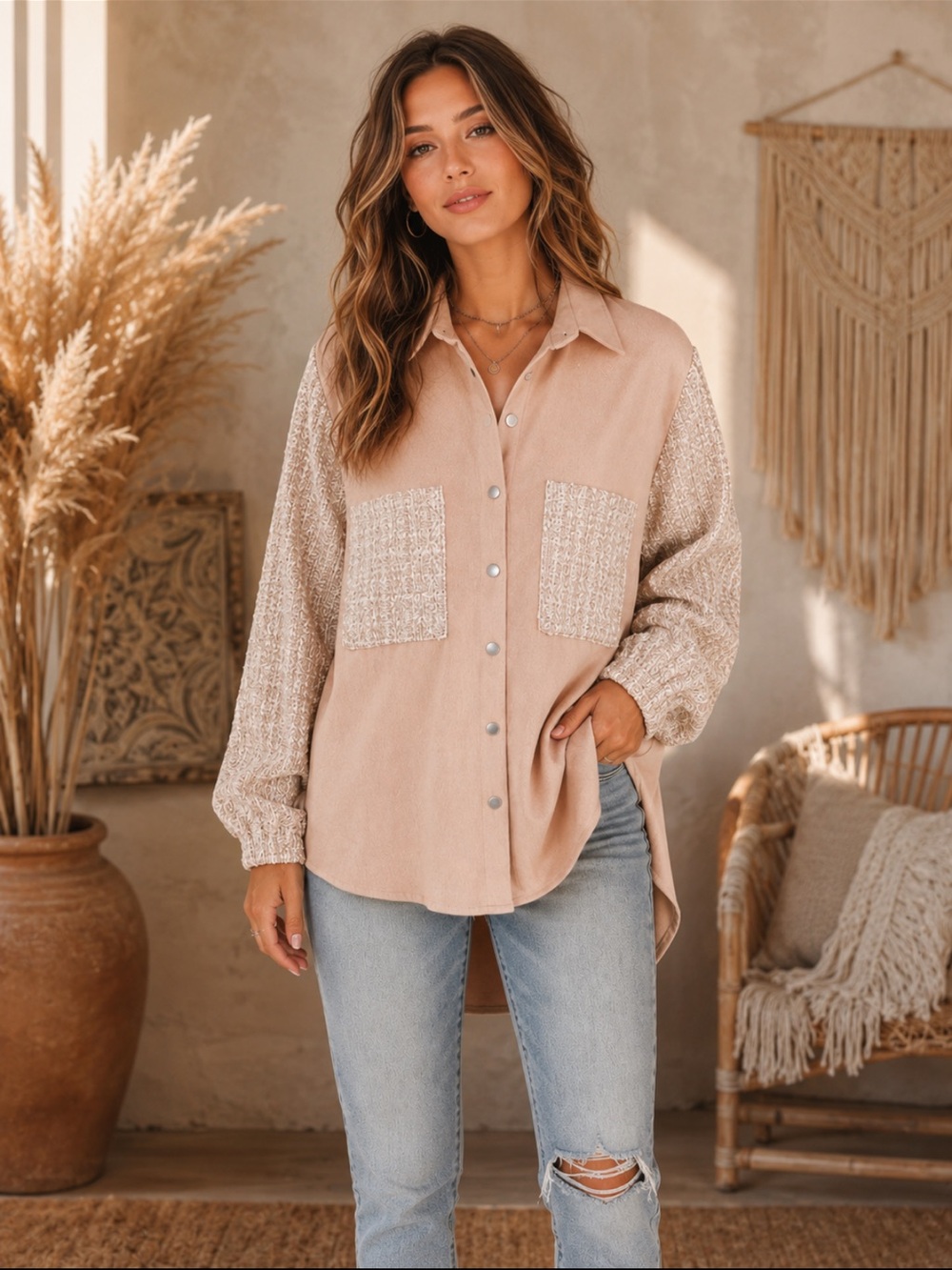 Fantastic Fawn Pink Shacket with Textured sleeves